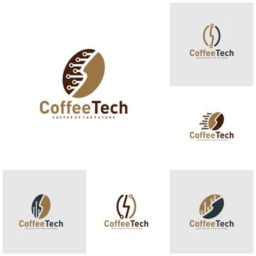 Set of Coffee bean logo with data connection. Creative coffee tech logo tem.. Stock Illustration