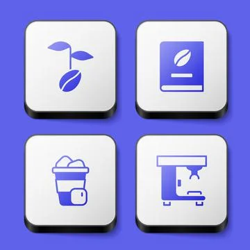 Set Coffee beans, book, Iced coffee and machine icon. White square button Stock Illustration