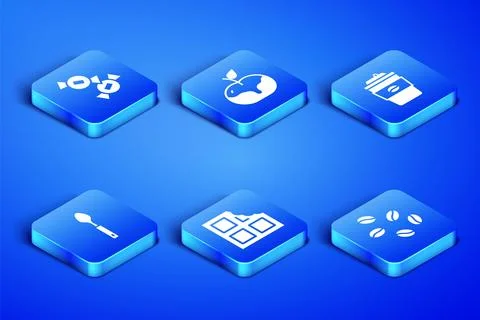 Set Coffee beans, Candy, Chocolate bar, Spoon, Apple in caramel and cup to .. Illustrazione stock