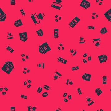 Set Coffee beans, cup and book, Bag coffee and French press on seamless pattern Illustrazione stock