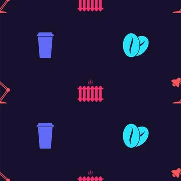 Set Coffee beans, cup, Heating radiator and Table lamp on seamless pattern 스톡 일러스트