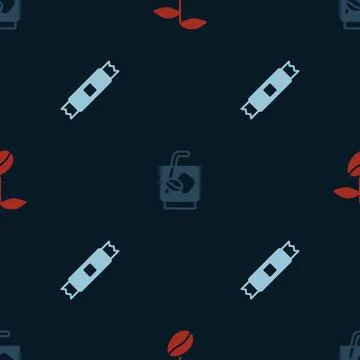 Set Coffee beans, Espresso tonic coffee and Sugar stick packets on seamless Stock Illustration