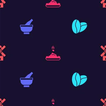 Set Coffee beans, Mortar and pestle, Seed and Windmill on seamless pattern イラスト素材