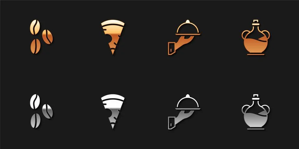 Set Coffee beans, Slice pizza, Covered with tray food and Bottle olive oil icon Stock Illustration