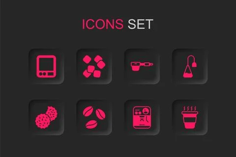 Set Coffee beans, Sugar cubes, Electronic coffee scales, machine, Tea bag, .. Stock Illustration