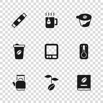Set Coffee beans, thermometer, book, Electronic coffee scales, Pour over ma.. Stock Illustration