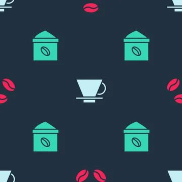 Set Coffee beans, V60 coffee maker and Bag on seamless pattern. Vector 库存插图