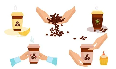 Set Coffee break. In the hands of the coffee beans, design paper cup. Vector Stock Illustration