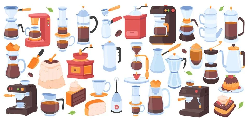 Set of Coffee brewing methods tool equipment set collection, Element coffee.. Stock Illustration