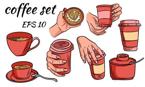 Set of coffee. Coffee to go and in a mug.Cartoon style. Stock Illustration