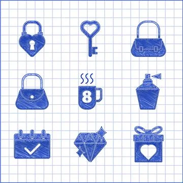 Set Coffee cup with 8 March, Diamond, Gift box and heart, Perfume, Calendar Stock-Illustration