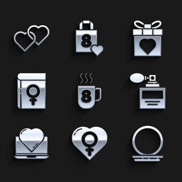 Set Coffee cup with 8 March, Female gender in heart, Makeup powder mirror, .. Stock Illustration