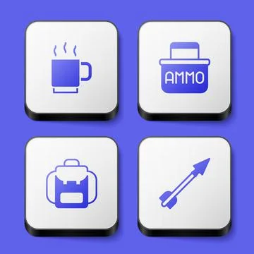 Set Coffee cup, Ammunition box, Hiking backpack and Medieval arrow icon. White Stock Illustration