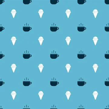 Set Coffee cup and Ice cream in waffle cone on seamless pattern. Vector Stock Illustration