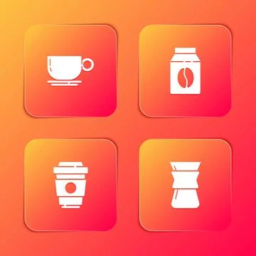 Set Coffee cup, Bag coffee beans, to go and Pour over coffee maker icon. Vector Ilustración de archivo