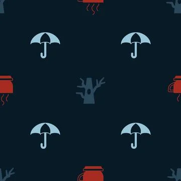 Set Coffee cup, Bare tree and Umbrella on seamless pattern. Vector Stock Illustration