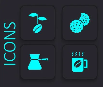 Set Coffee cup, beans, Cookie or biscuit and turk icon. Black square button.  Illustrazione stock