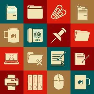 Set Coffee cup, Blank notebook and pen, Document folder, Paper clip, Telephone Illustrazione stock