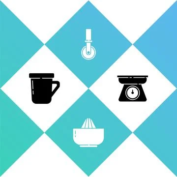 Set Coffee cup, Citrus fruit juicer, Pizza knife and Scales icon. Vector Stock Illustration