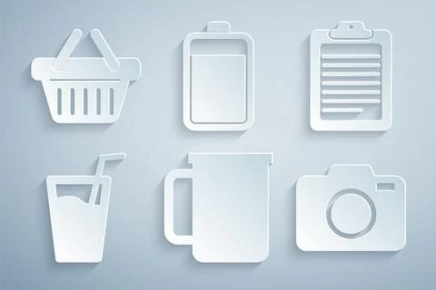 Set Coffee cup, Clipboard with document, Glass water, Photo camera, Battery.. 스톡 일러스트