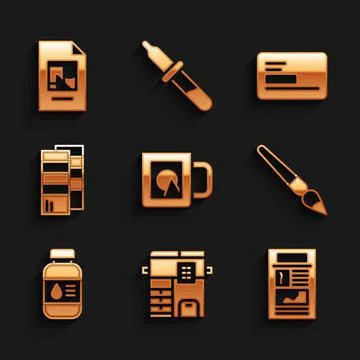 Set Coffee cup, Copy machine, News, Paint brush, Printer ink bottle, Pantone Stock Illustration