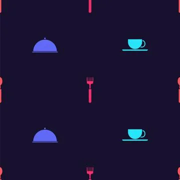 Set Coffee cup, Covered with tray, Fork and Spoon on seamless pattern. Vector Illustrazione stock
