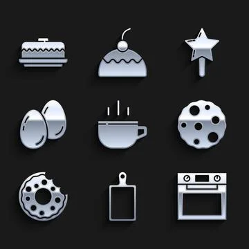 Set Coffee cup, Cutting board, Oven, Cookie or biscuit, Donut, Easter eggs Stock Illustration