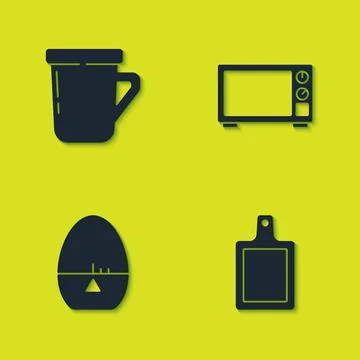 Set Coffee cup, Cutting board, Kitchen timer and Microwave oven icon. Vector 스톡 일러스트
