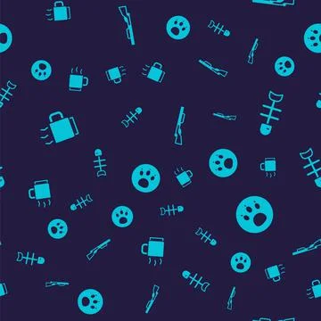 Set Coffee cup, Dead fish, Hunting gun and Paw search on seamless pattern Stock Illustration