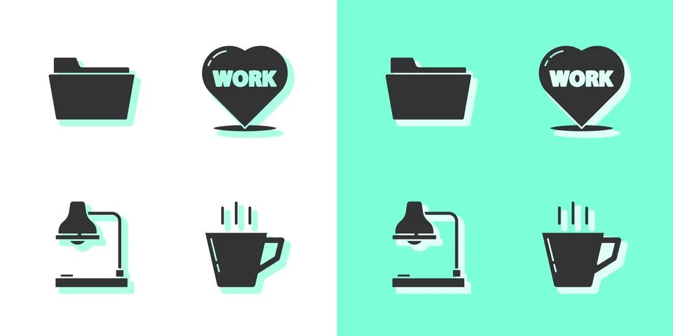 Set Coffee cup, Document folder, Table lamp and Heart with text work icon Illustrazione stock