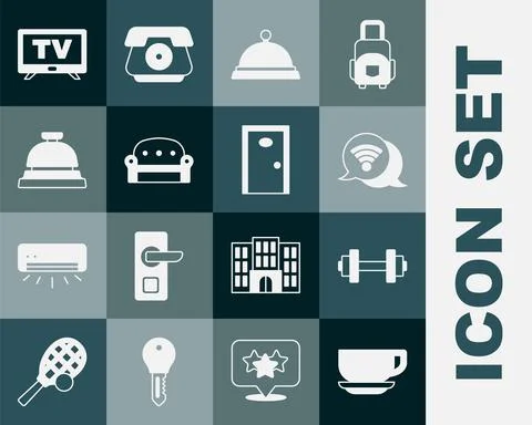 Set Coffee cup, Dumbbell, Wi-Fi wireless internet, Covered with tray food, Sofa Ilustração Stock