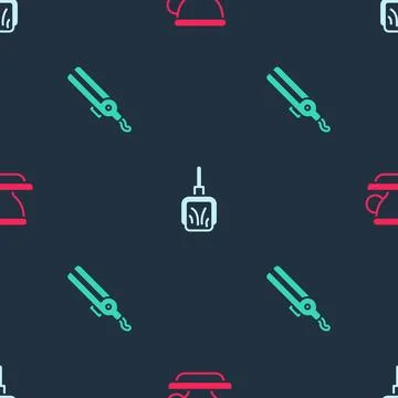 Set Coffee cup, Dustpan and Curling iron on seamless pattern. Vector イラスト素材