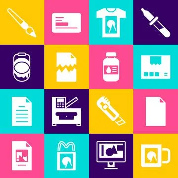 Set Coffee cup, Empty document, Carton cardboard box, T-shirt, Torn, Paint Stock Illustration