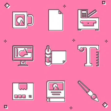 Set Coffee cup, Empty document, Copy machine, Computer monitor screen, Roll イラスト素材