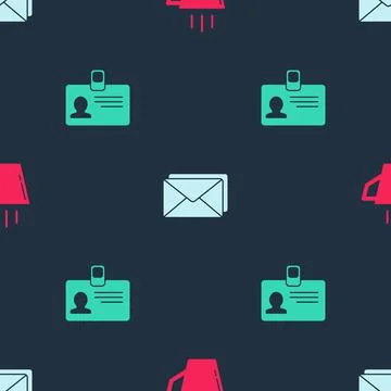 Set Coffee cup, Envelope and Identification badge on seamless pattern. Vector Illustrazione stock