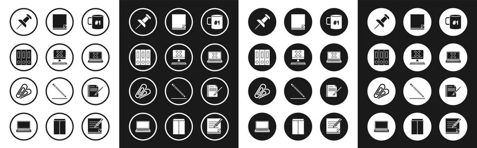 Set Coffee cup flat, Computer with keyboard and x mark, Office folders papers Stock Illustration
