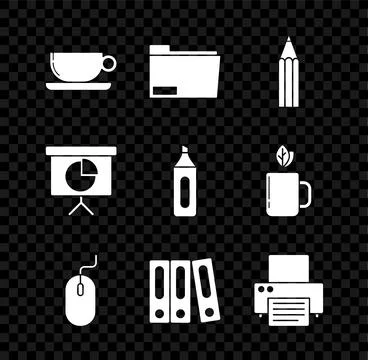 Set Coffee cup flat, Computer mouse, Office folders with papers and documents Stock Illustration