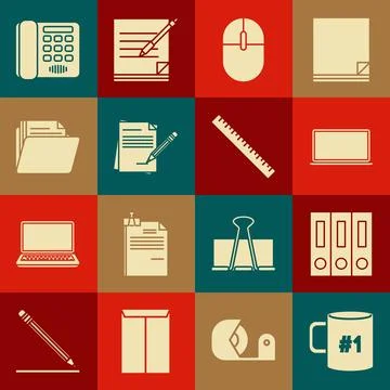 Set Coffee cup flat, Office folders with papers and documents, Laptop, Computer Stock Illustration