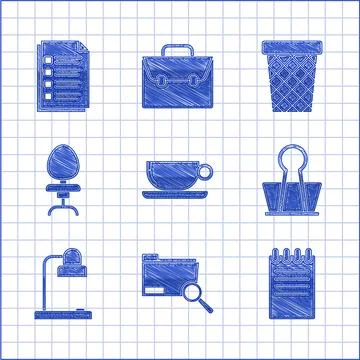 Set Coffee cup flat, Search concept with folder, Notebook, Binder clip, Table Stock Illustration
