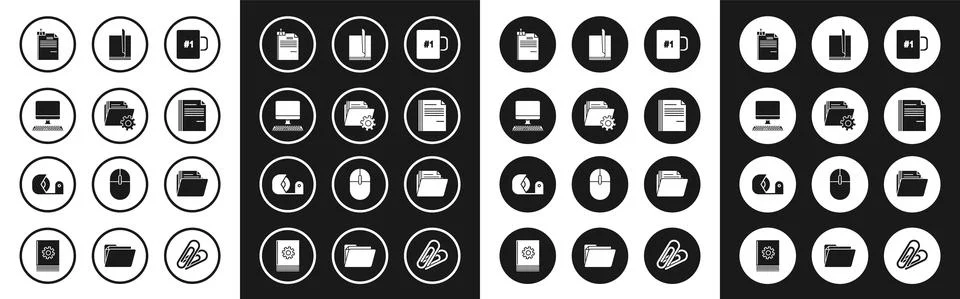 Set Coffee cup, Folder settings with gears, Computer monitor keyboard, File Stock Illustration
