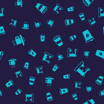 Set Coffee cup, to go, and machine on seamless pattern. Vector Stock Illustration