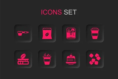 Set Coffee cup to go, Bag coffee beans, filter holder, Piece cake, Sugar cu.. Stock Illustration