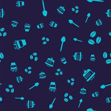 Set Coffee cup to go, beans, Teaspoon and Piece cake on seamless pattern. Vector 库存插图