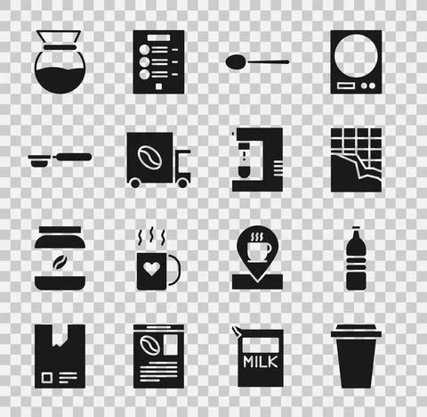 Set Coffee cup to go, Bottle water, Chocolate bar, Spoon, street truck machine Ilustración de archivo