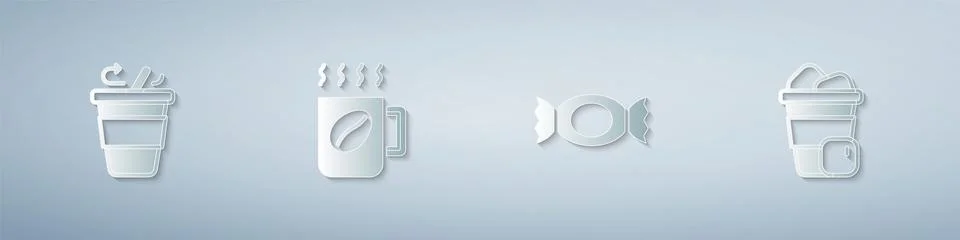 Set Coffee cup to go, Candy and Iced coffee. Paper art style. Vector Stock Illustration