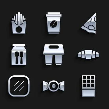 Set Coffee cup to go, Candy, Chocolate bar, Croissant, Steak meat, Online o.. Stock Illustration