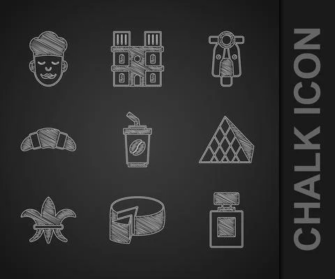 Set Coffee cup to go, Cheese, Perfume, Louvre glass pyramid, Fleur De Lys Illustration