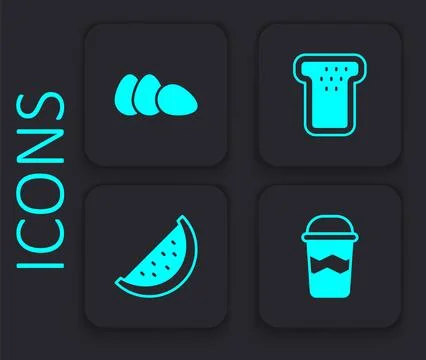 Set Coffee cup to go, Chicken egg, Bread toast and Watermelon icon. Black s.. Stock Illustration