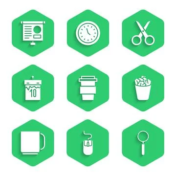 Set Coffee cup to go, Computer mouse, Magnifying glass, Full trash can, Calendar Stock-Illustration
