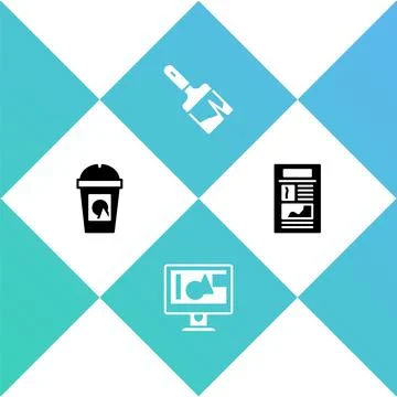 Set Coffee cup to go, Computer monitor screen, Paint brush and News icon. Vector Illustrazione stock